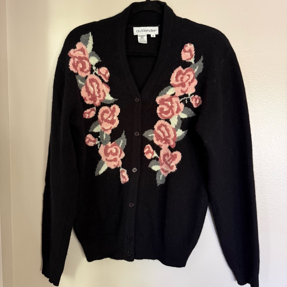 Vintage Lambs Wool and Angora Cardigan with Pink Roses Size M